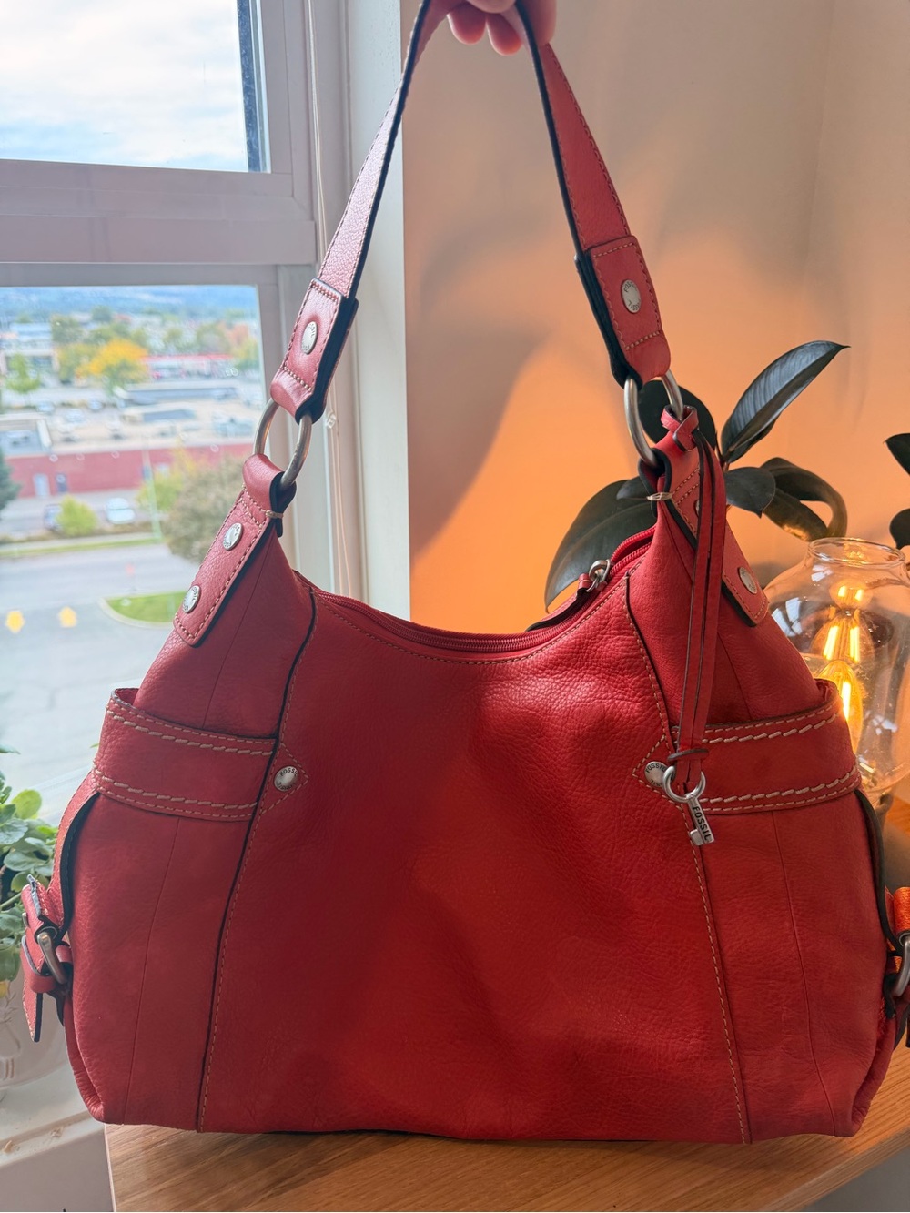 🍊 Fossil Crimson Orange Leather Hobo Bag